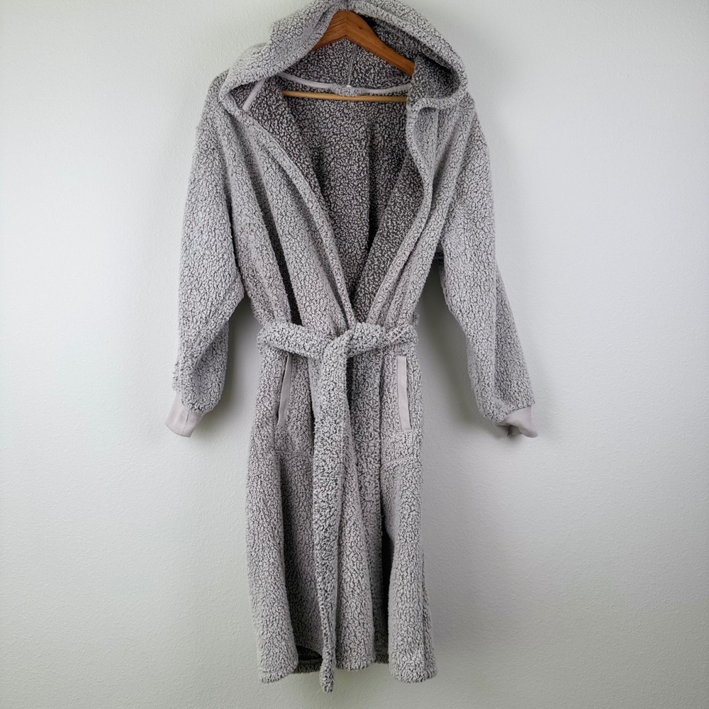 Pottery Barn Robe Women Medium Grey Excellent Sherpa Hooded Plush Chic Lounge